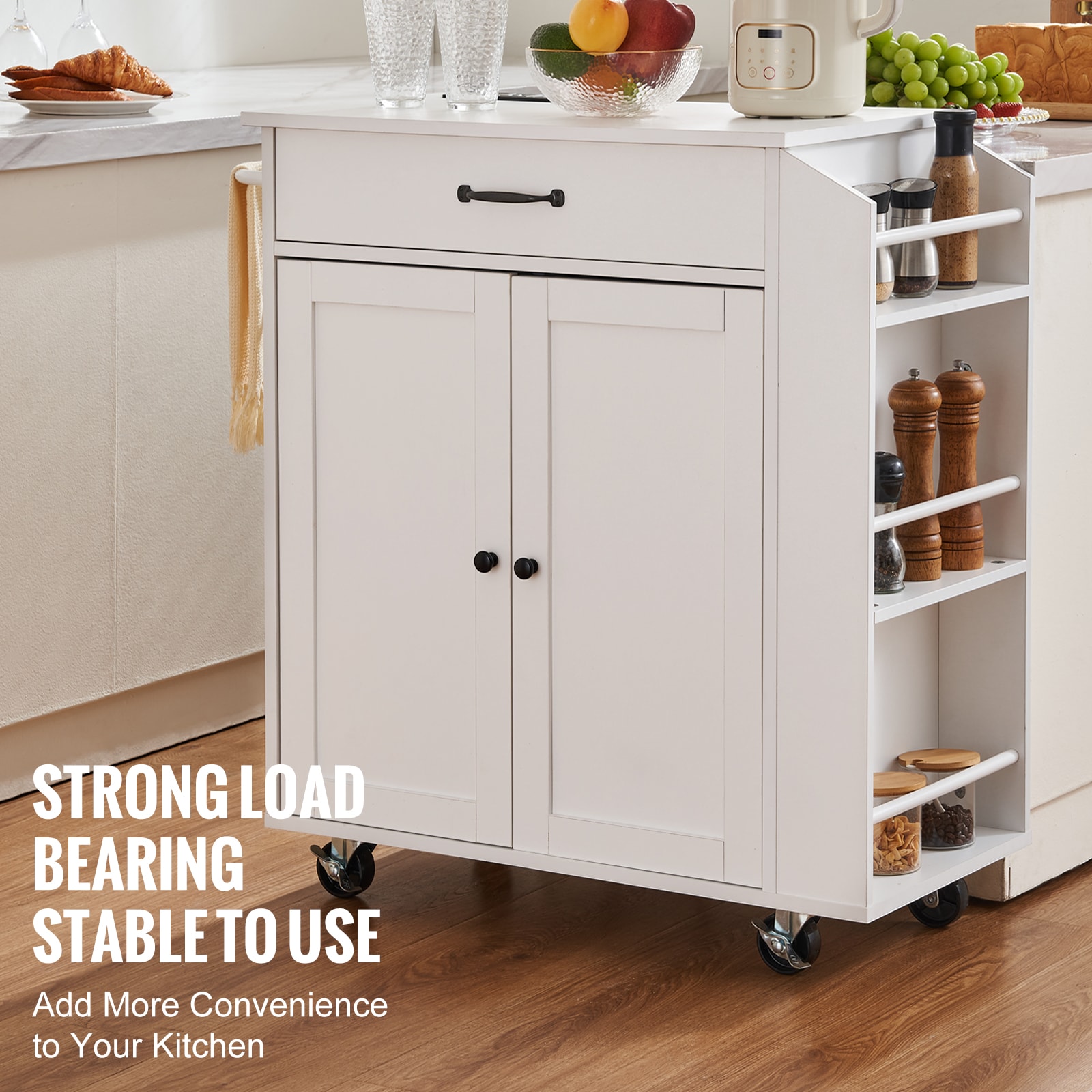 Kitchen Island Cart Rolling Storage Cabinet On Wheel With Charging Station_voghion.com